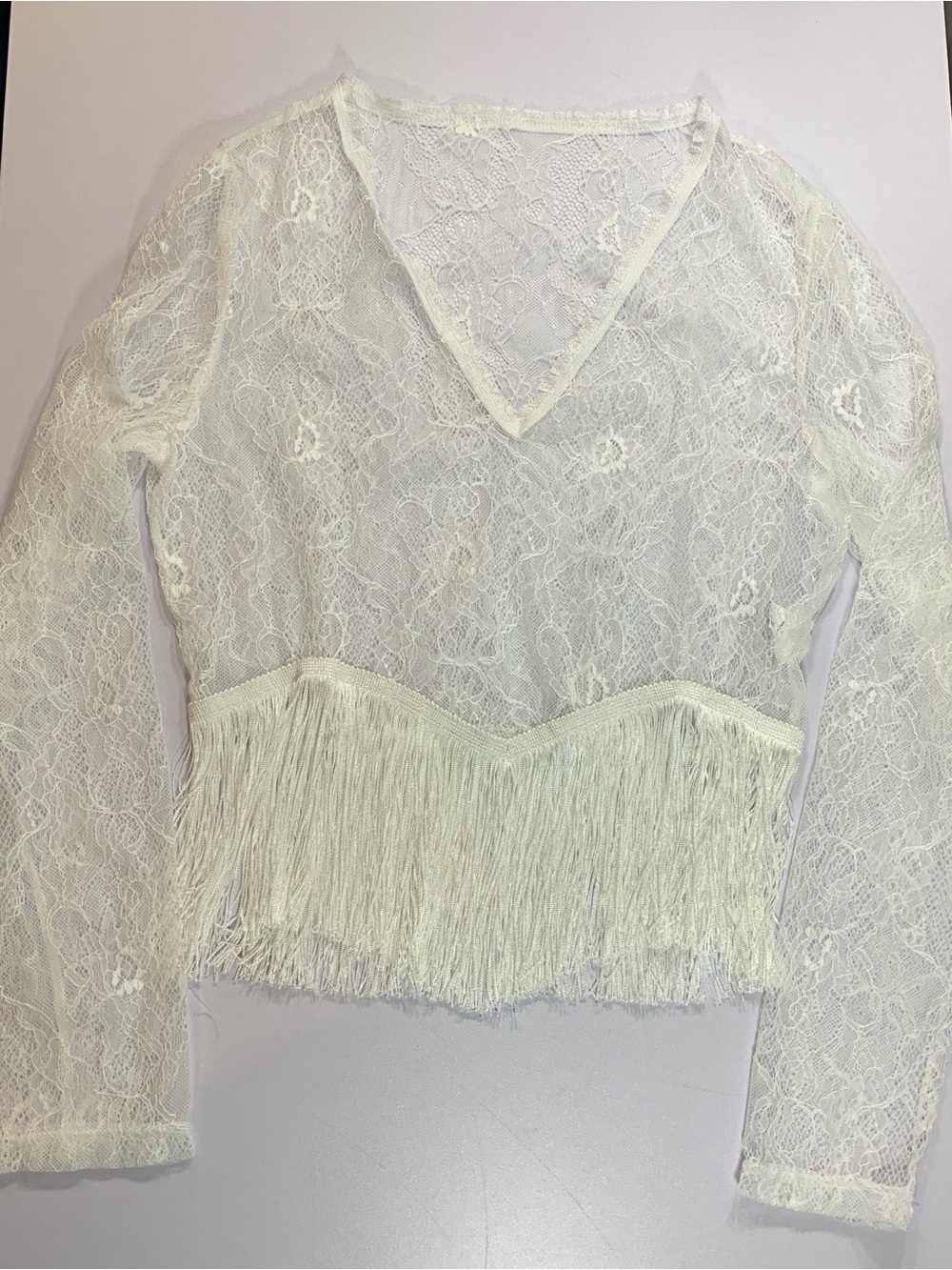 White Floral Lace Fringe Crop Top V-Neck Sheer Overlay Western Boho Coquette